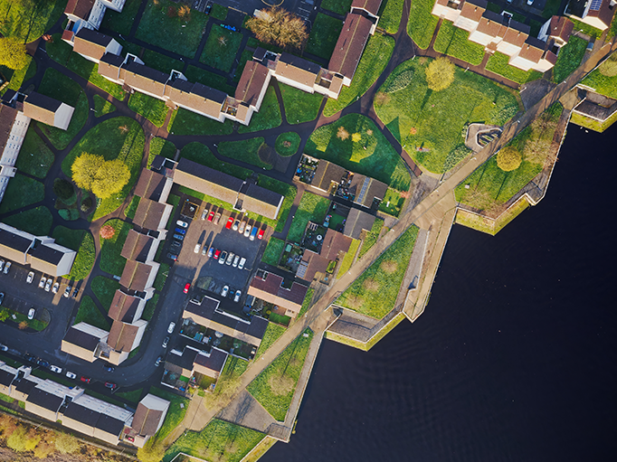 An overhead view of property near the coast in Scotland