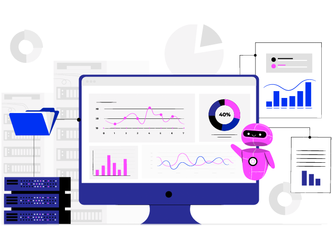 illustration of a robot surrounded by different piece of data